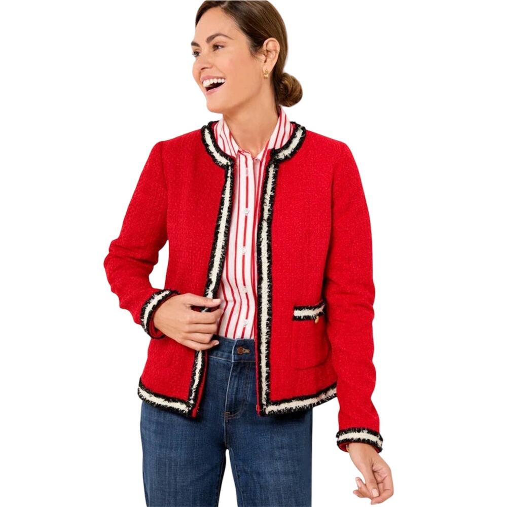 Talbots Red Tweed Jacket with Black & White Fringe Stripe Size 12